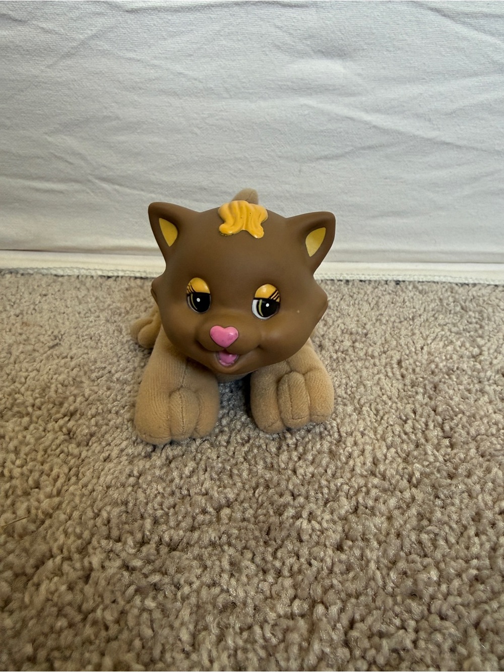 vintage Talentoy brown cat plush featuring a hard plastic face.